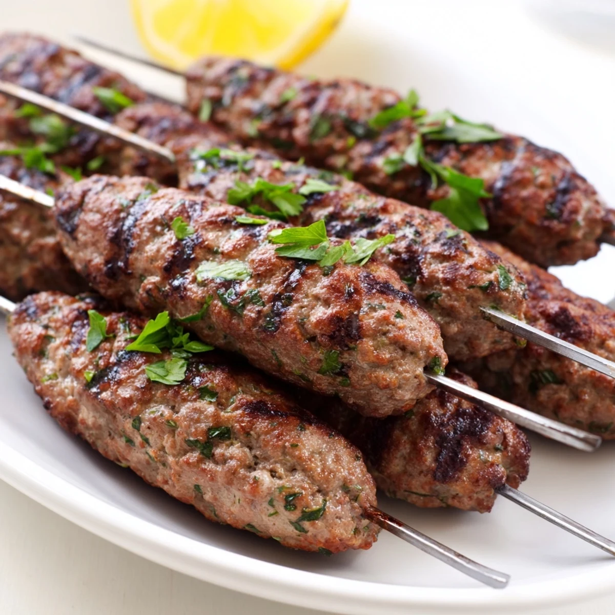 Homemade Lebanese kafta recipe featuring ground meat skewers with parsley and onions