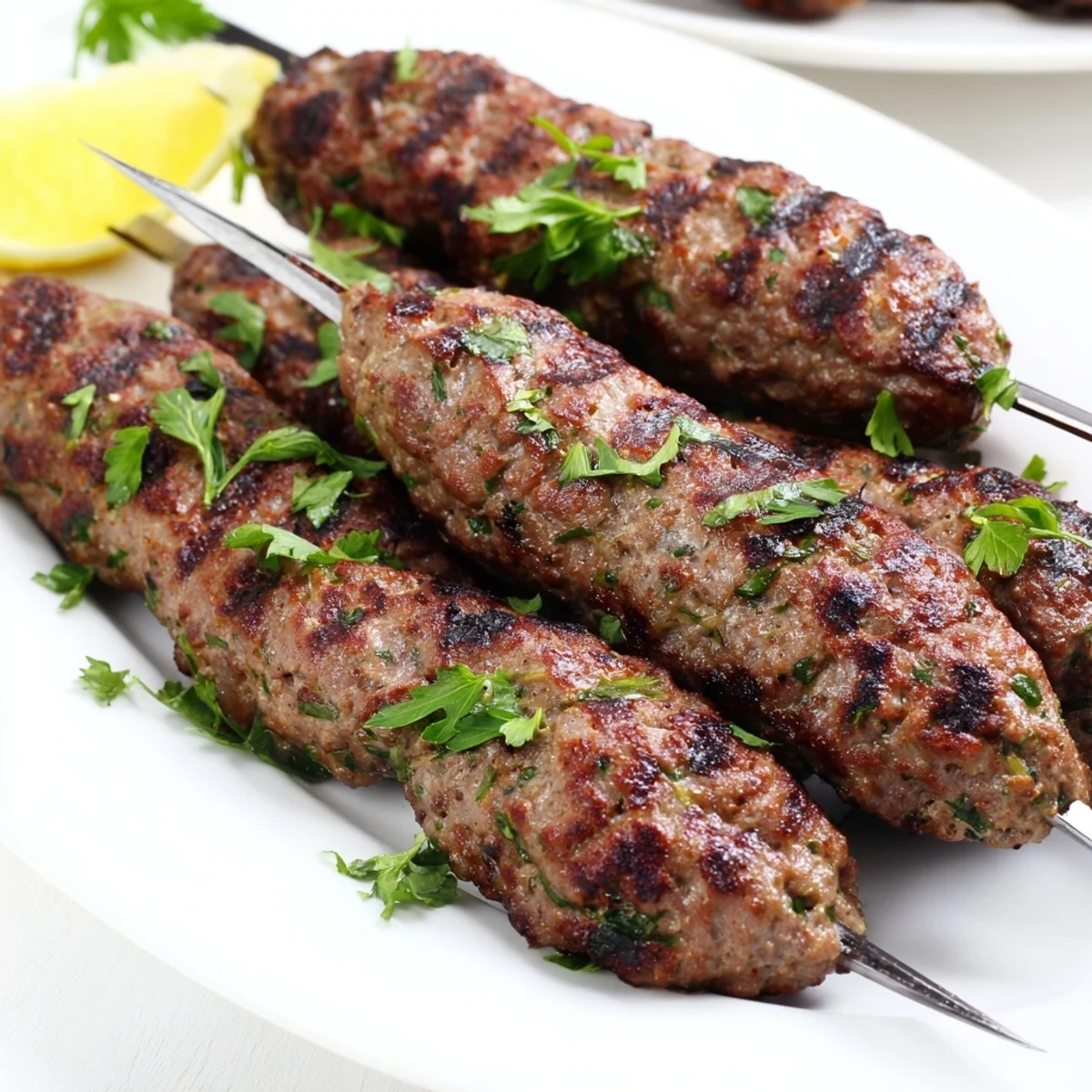 Golden grilled Lebanese kafta kebabs seasoned with aromatic spices and fresh herbs
