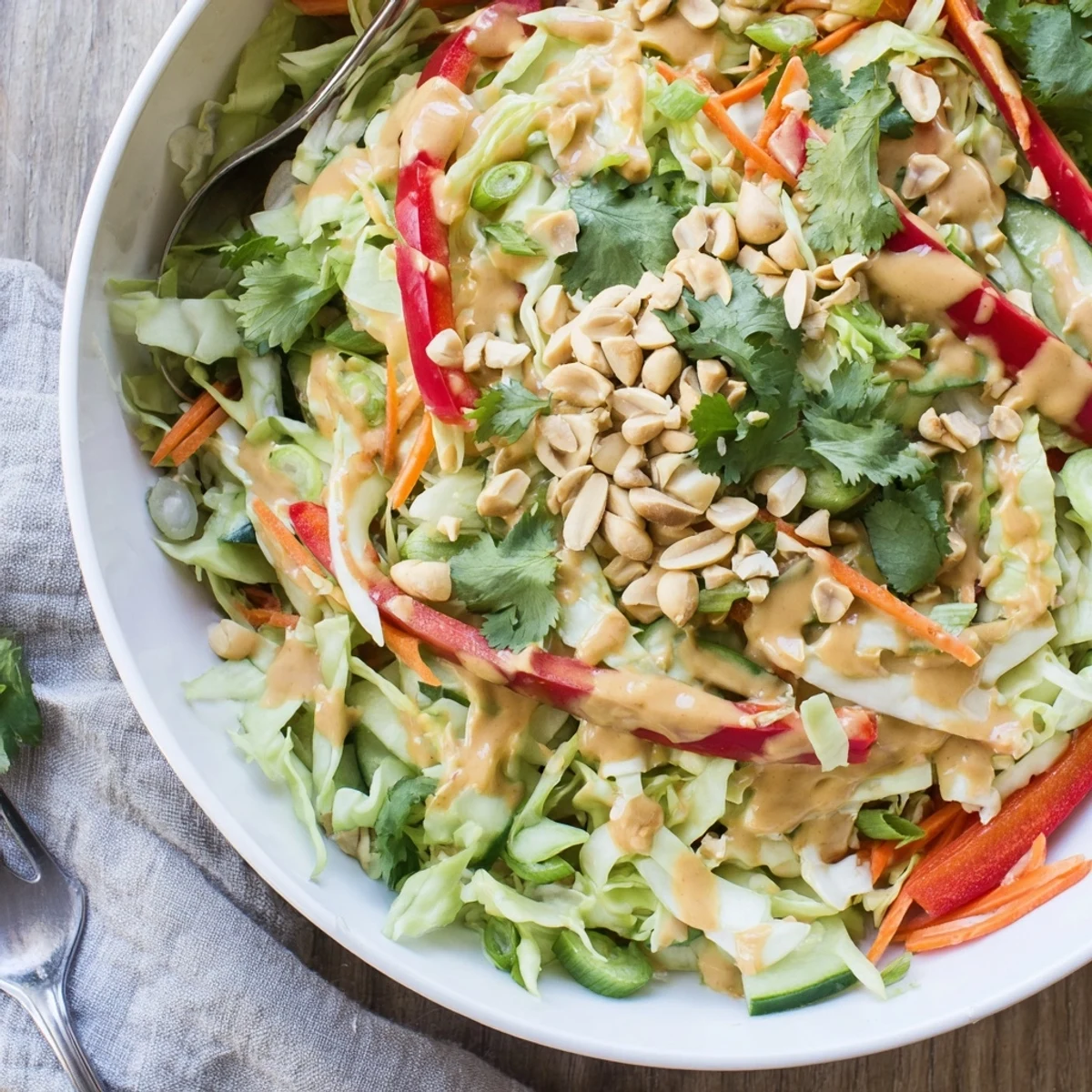 Colorful Thai salad peanut sauce drizzled over crisp vegetables and crunchy peanuts