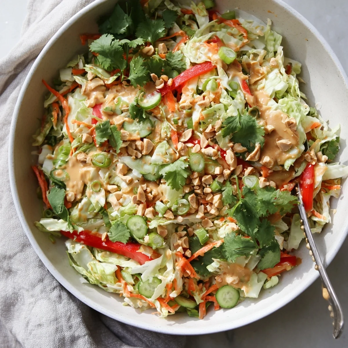 Fresh simple Thai salad peanut sauce coating shredded cabbage carrots and cucumber