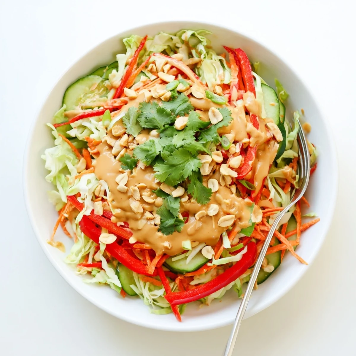 Creamy peanut sauce glazed Thai salad topped with roasted peanuts and cilantro