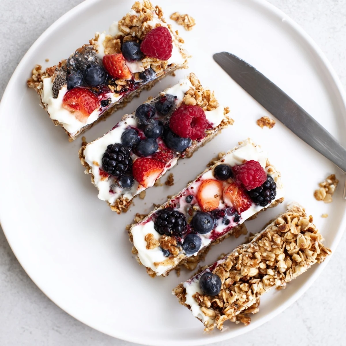 Frozen no bake yogurt berry granola bars with fresh blueberries and raspberries on a white plate