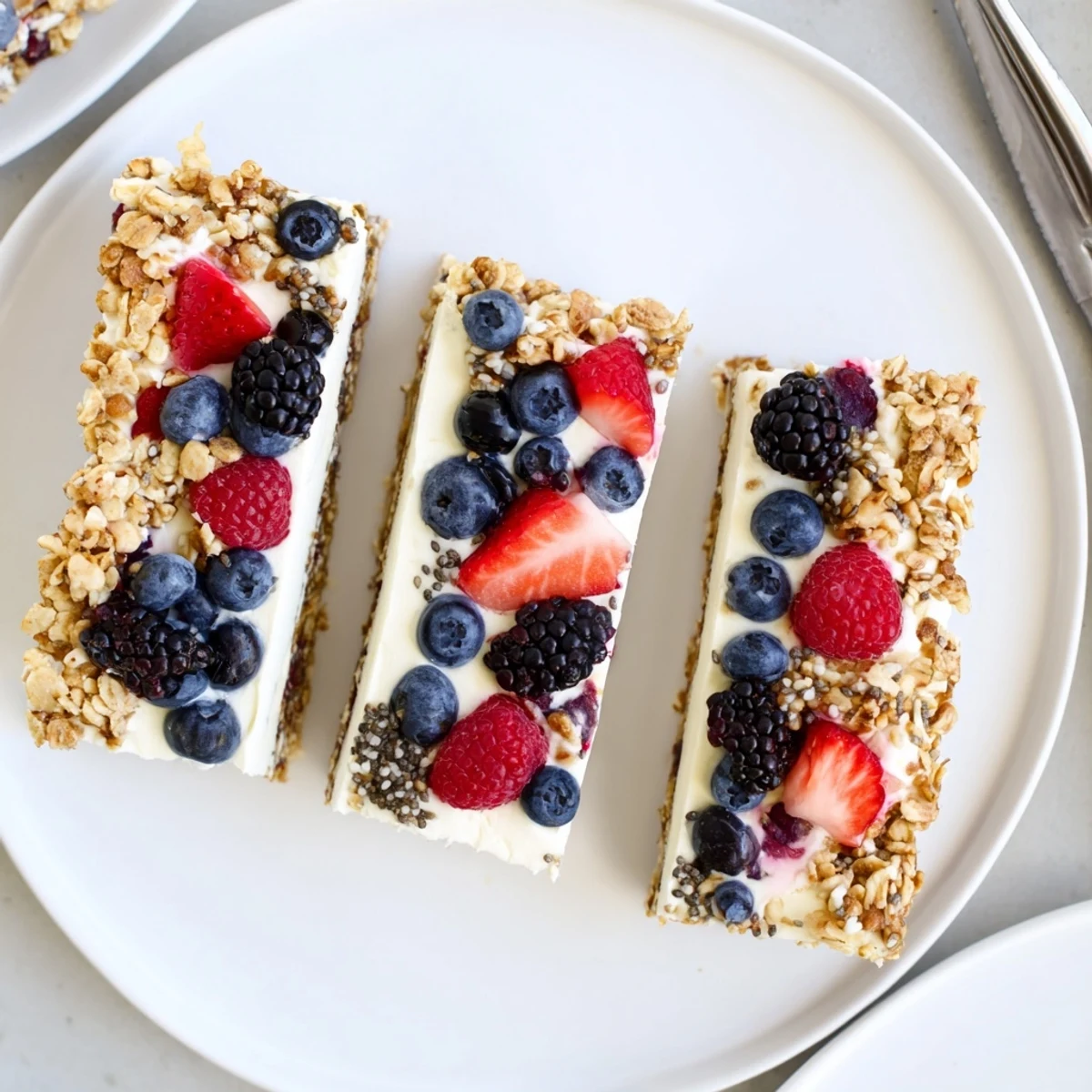 Creamy Greek yogurt layered bar topped with vibrant mixed berries and crunchy granola base