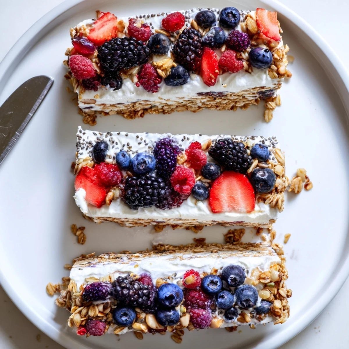 Healthy frozen yogurt berry granola bars sliced into squares with colorful fruit topping