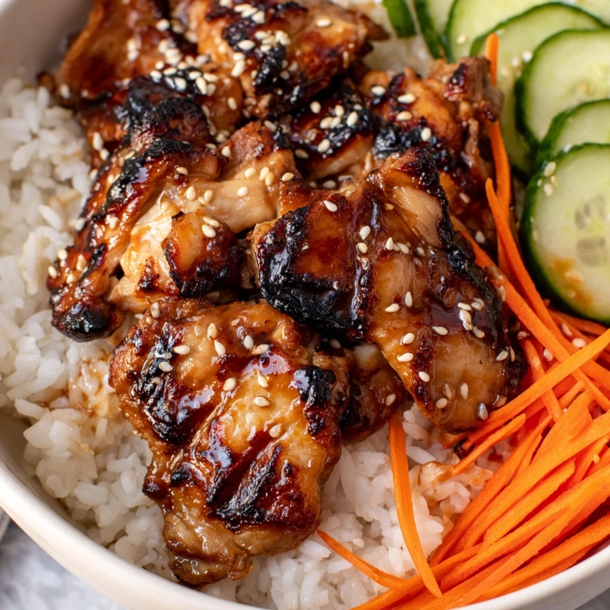 Korean BBQ chicken bowl with juicy grilled thighs over fluffy white rice and colorful fresh vegetables
