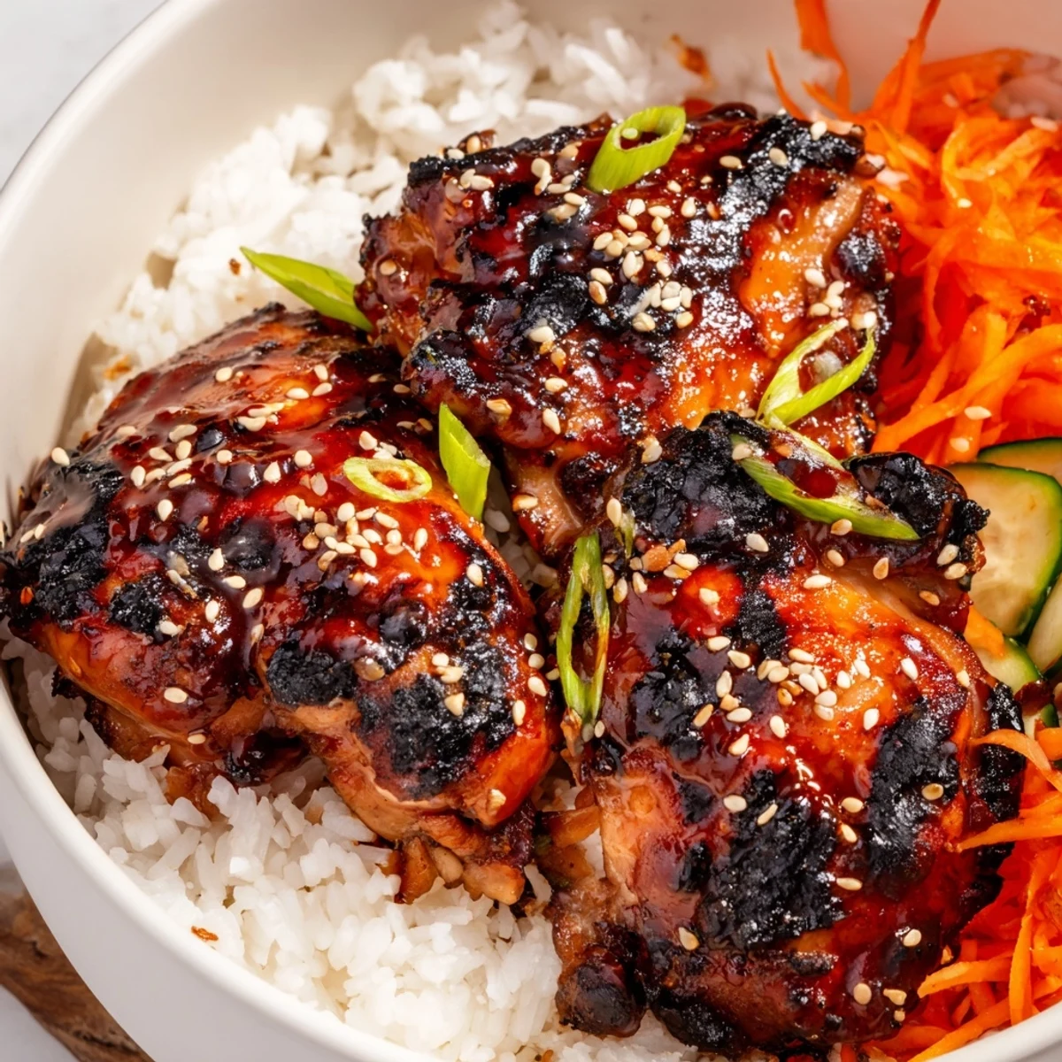 Savory Korean BBQ chicken bowl featuring charred chicken slices with crisp cucumber and purple cabbage shreds
