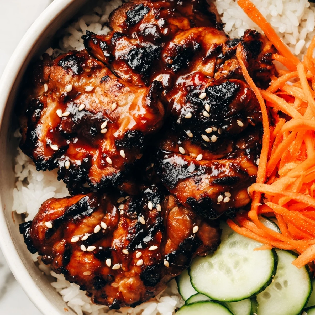 Homemade Korean BBQ chicken bowl served with sesame seed topping and zesty gochujang marinated grilled chicken