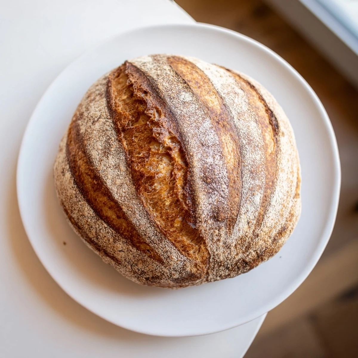 Golden crust sourdough bread loaf sliced open revealing chewy interior and air bubbles
