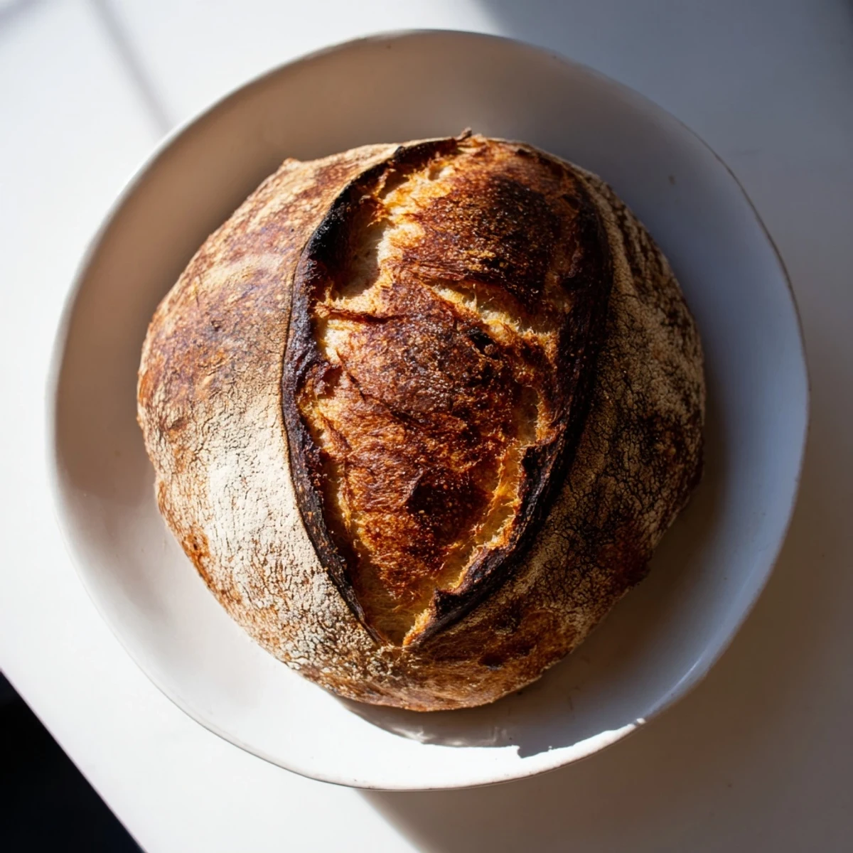 Artisan sourdough bread cooling on wire rack with deep brown scored crust