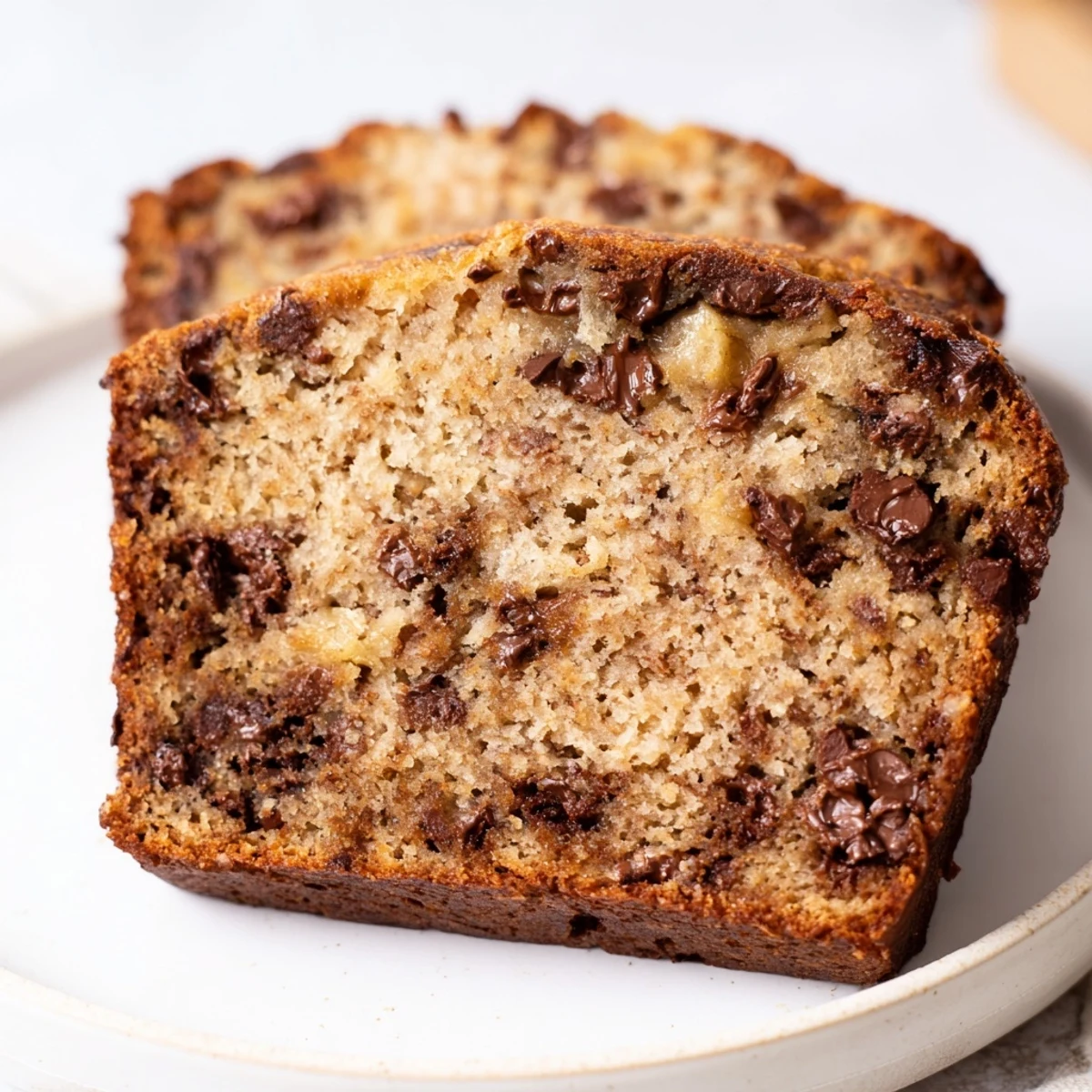 Thick slice of moist chocolate chip banana bread showing tender crumb and scattered chocolate chunks