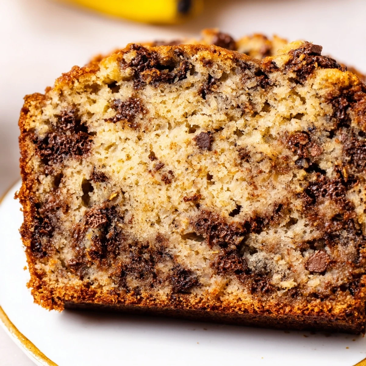 Golden chocolate chip banana bread loaf with melted chips on a warm rustic surface