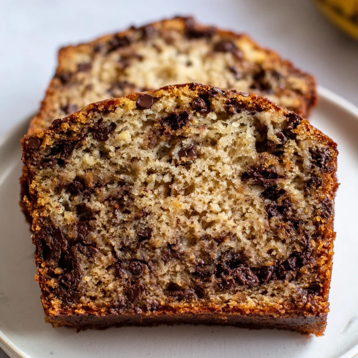 Freshly baked chocolate chip banana bread cooling on wire rack with golden brown crust