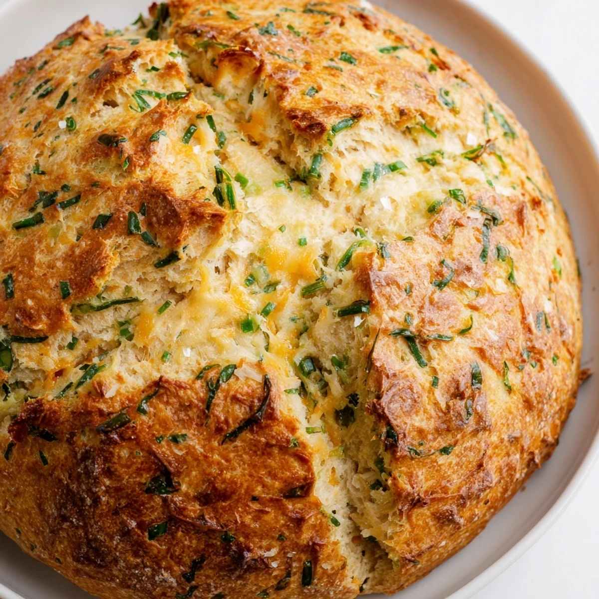 Rustic homemade cheddar and herb soda bread served warm with melted butter on wooden board