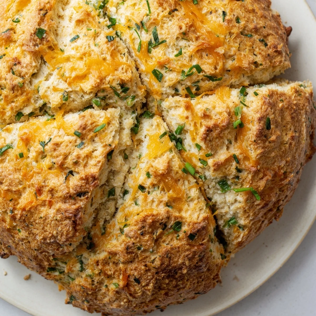 Golden brown cheddar and herb soda bread loaf fresh from the oven with cross pattern