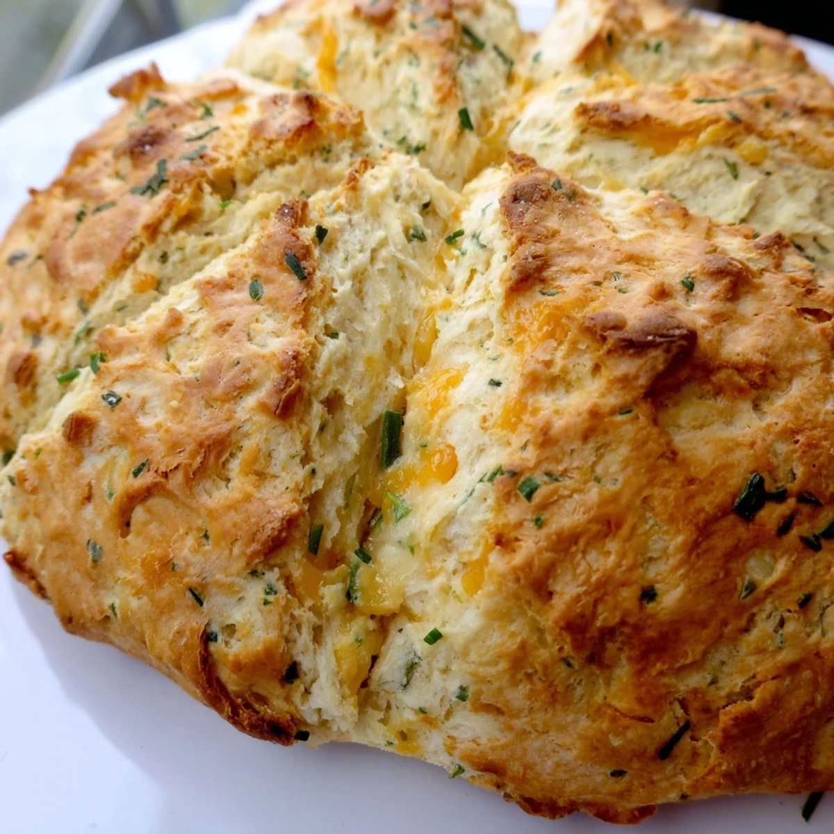 Savory soda bread studded with sharp cheddar and fresh herbs sliced for serving with soup