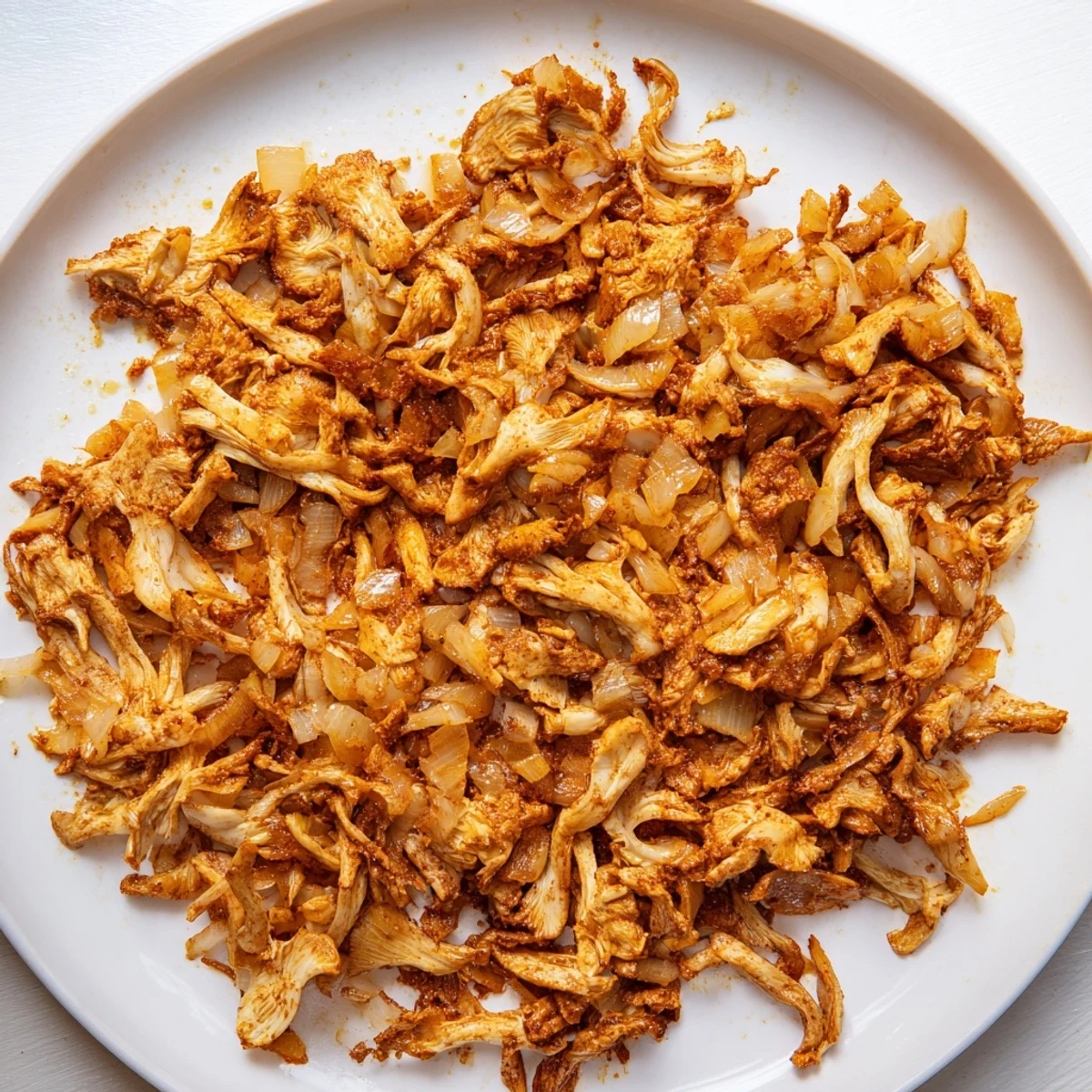 Golden brown vegan carnitas with shredded mushrooms spiced with cumin and smoked paprika in a skillet