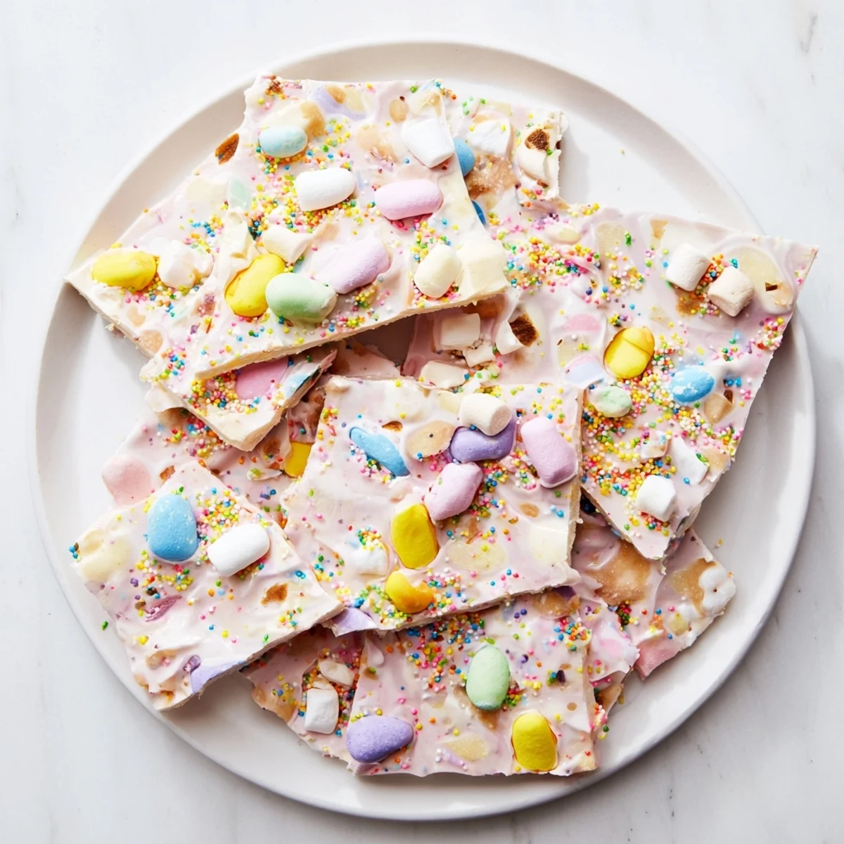 Homemade Easter marshmallow bark topped with pastel candy eggs and colorful sprinkles on white chocolate