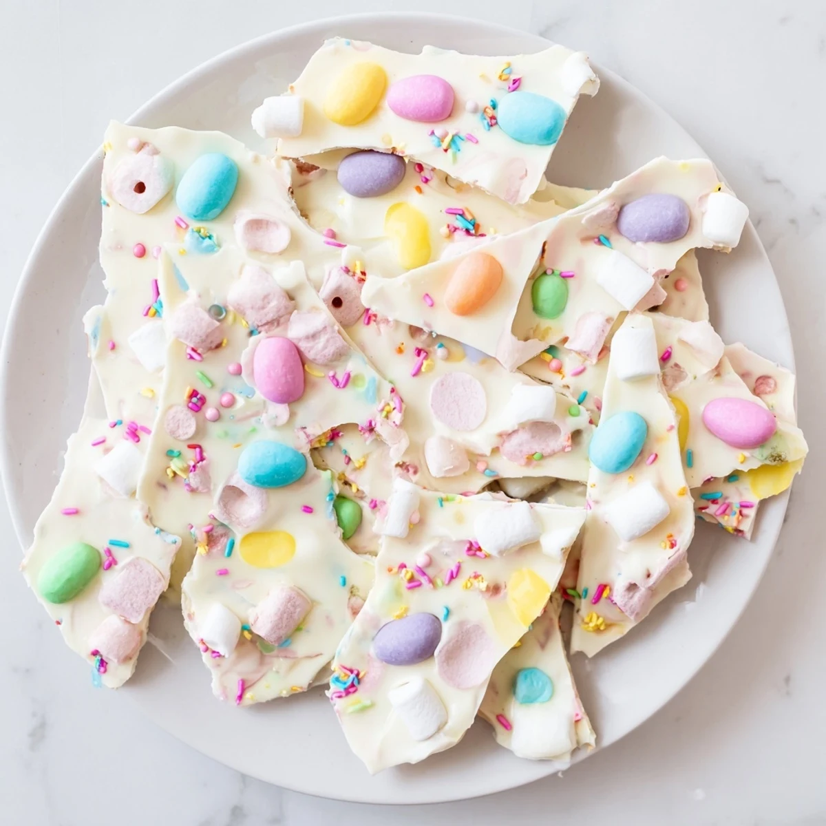 Creamy white chocolate Easter marshmallow bark with mini marshmallows and festive candy egg decorations