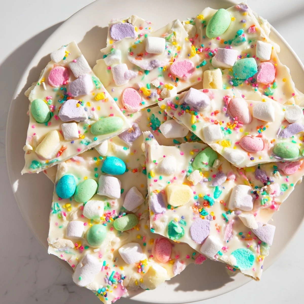 Colorful Easter marshmallow bark broken into pieces featuring pastel sprinkles and candy-coated chocolate eggs