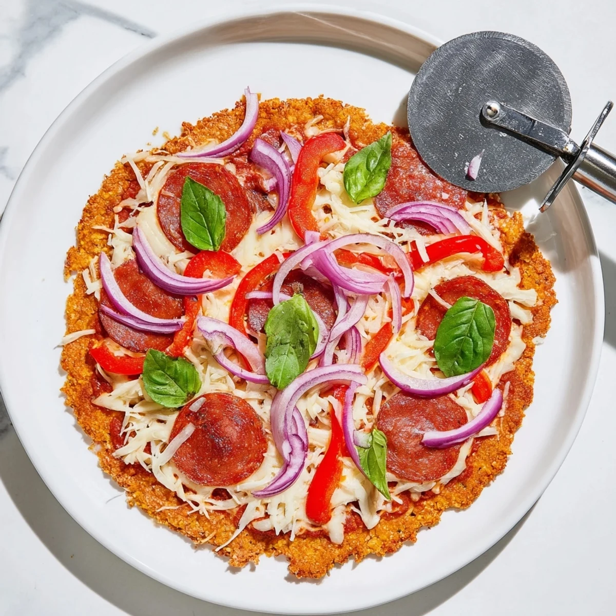 Golden crispy chicken crust pizza topped with melted mozzarella pepperoni and fresh basil slices