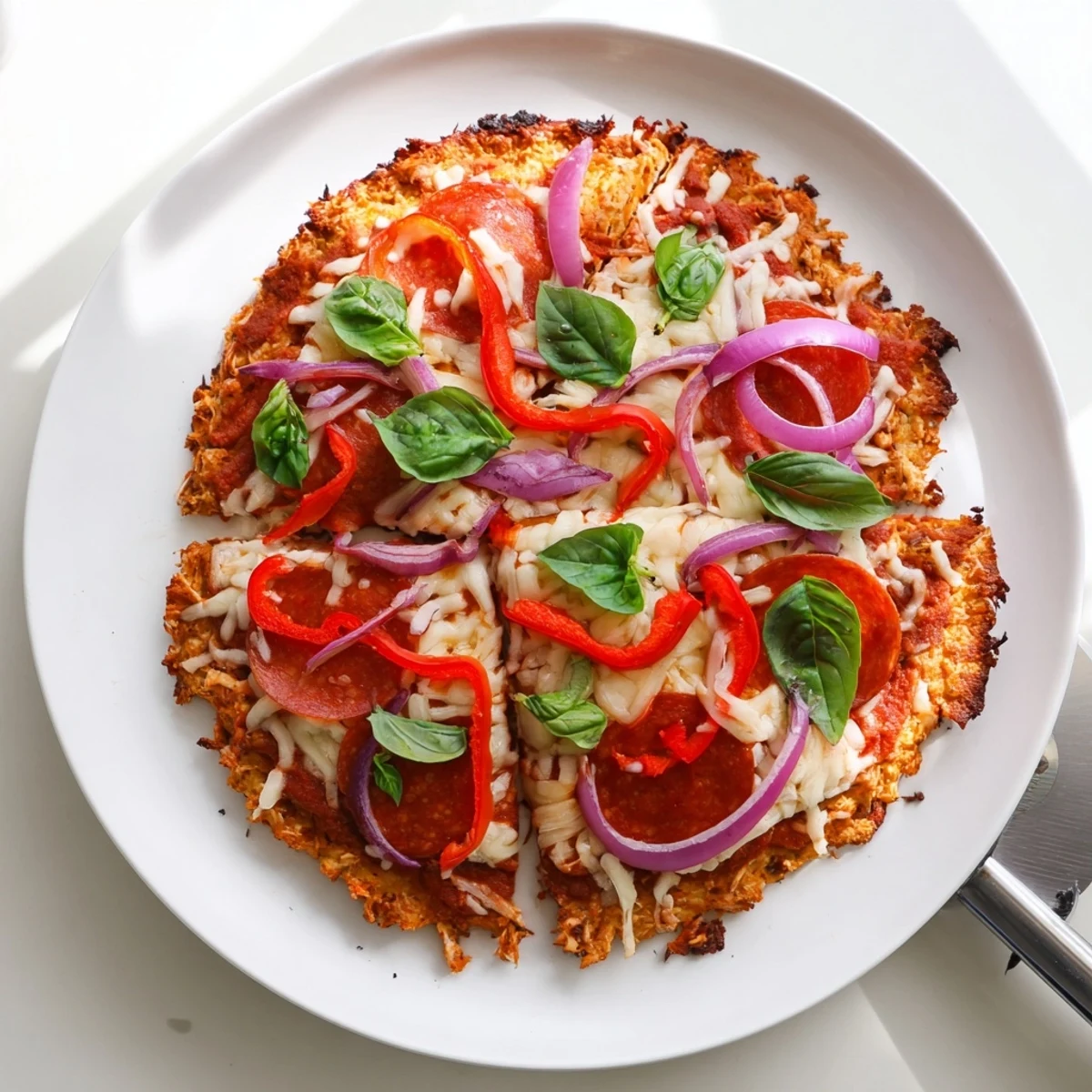 Homemade crispy chicken crust pizza baked to golden perfection with classic pizza toppings and garnish