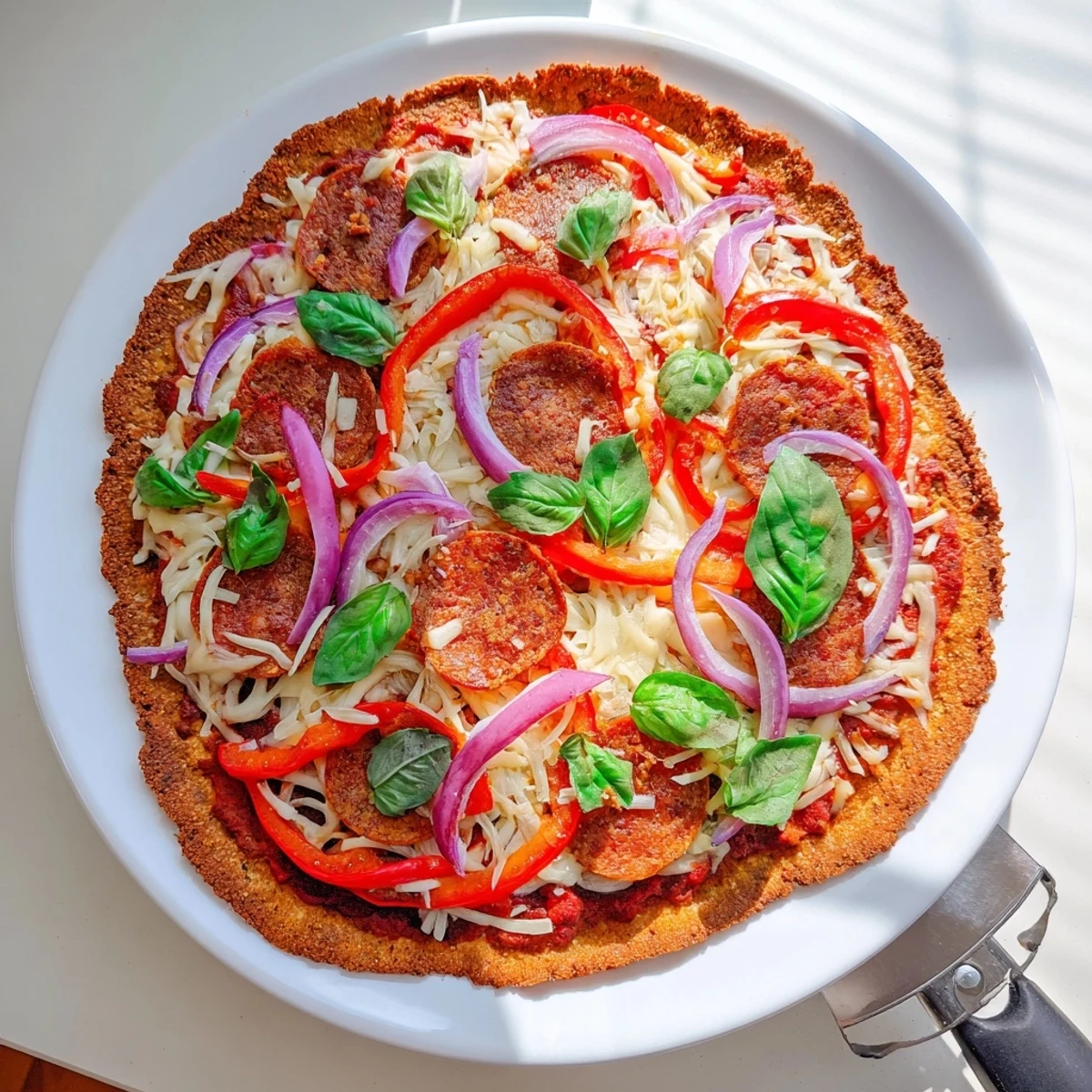Low carb chicken crust pizza featuring bubbling cheese red bell pepper and red onion toppings