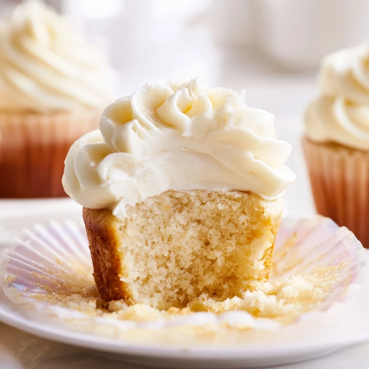 Golden homemade vanilla cupcakes crowned with sweet vanilla buttercream and colorful sprinkles