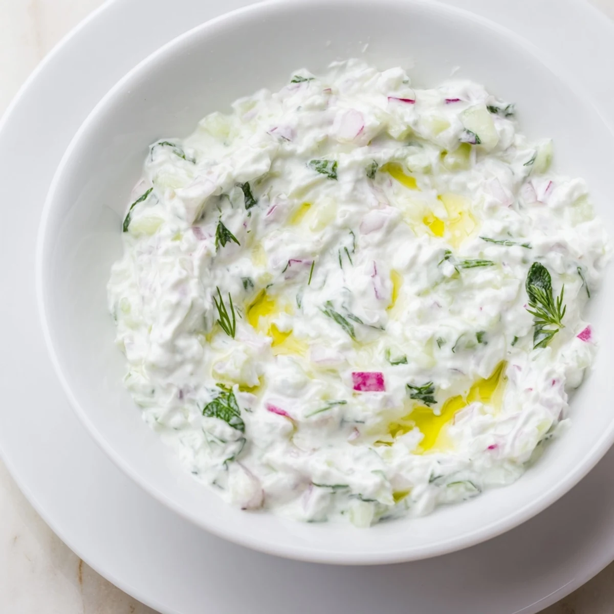 Creamy healthy radish tzatziki dip topped with fresh dill in a white serving bowl