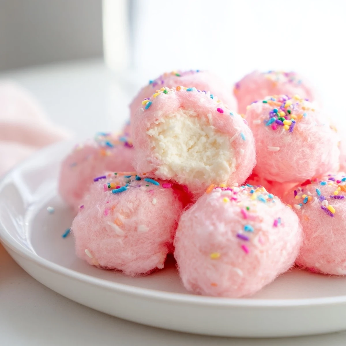 Creamy mini cotton candy cheesecake puff balls dusted with colorful sprinkles for a whimsical party dessert