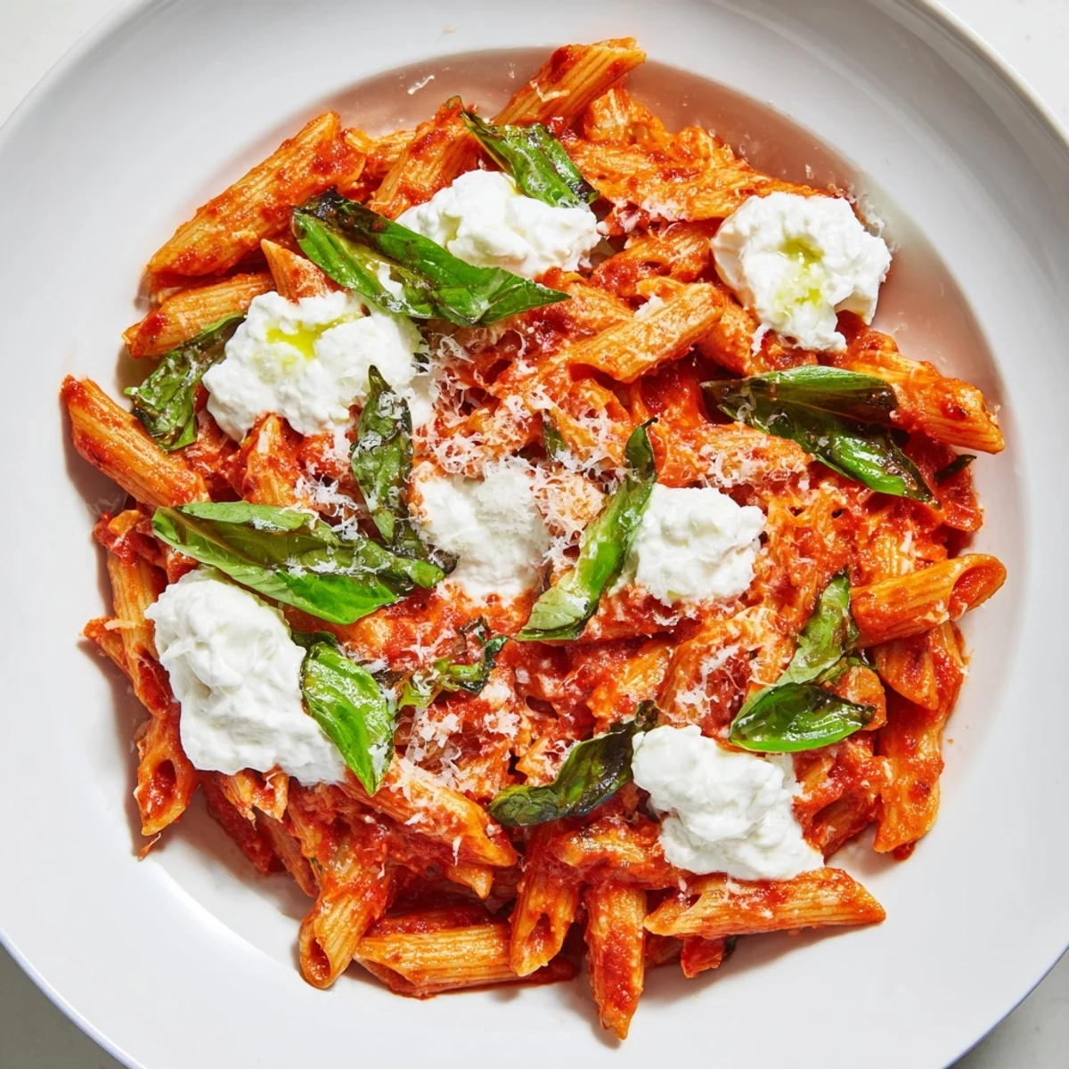 Creamy tomato garlic ricotta penne topped with fresh basil and grated Parmesan cheese