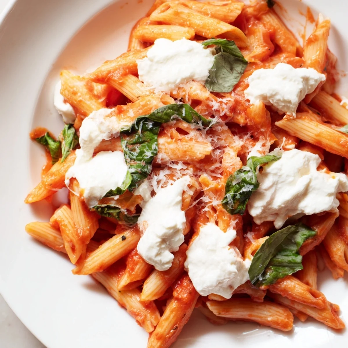 Tender penne pasta coated in rich tomato garlic sauce with pillowy ricotta dollops