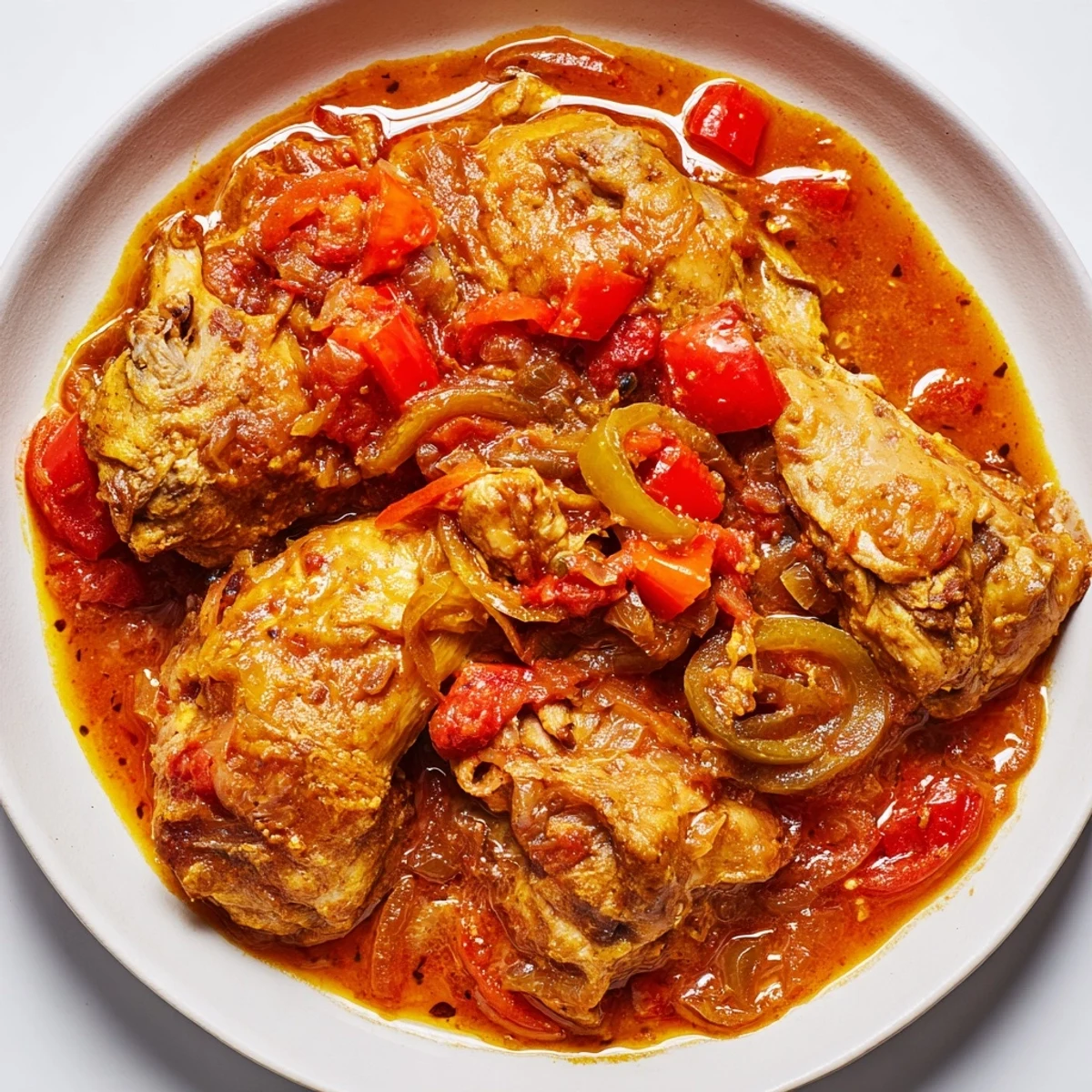 Golden Senegalese chicken simmered in rich tomato sauce with colorful bell peppers