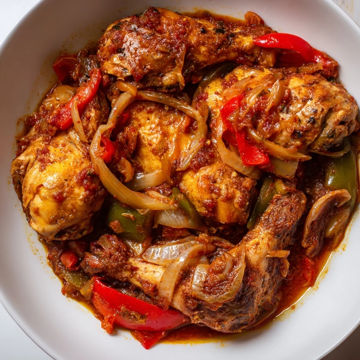 Tender Senegalese chicken thighs served over fluffy white rice with aromatic sauce
