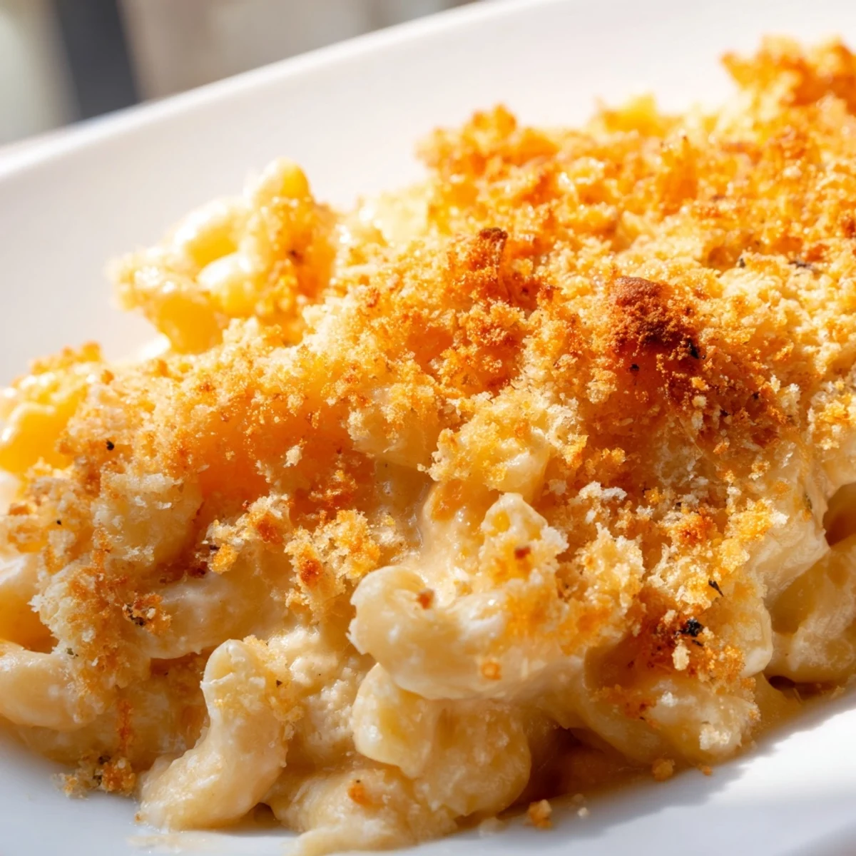 Golden three cheese baked macaroni with crispy panko topping bubbling in casserole dish