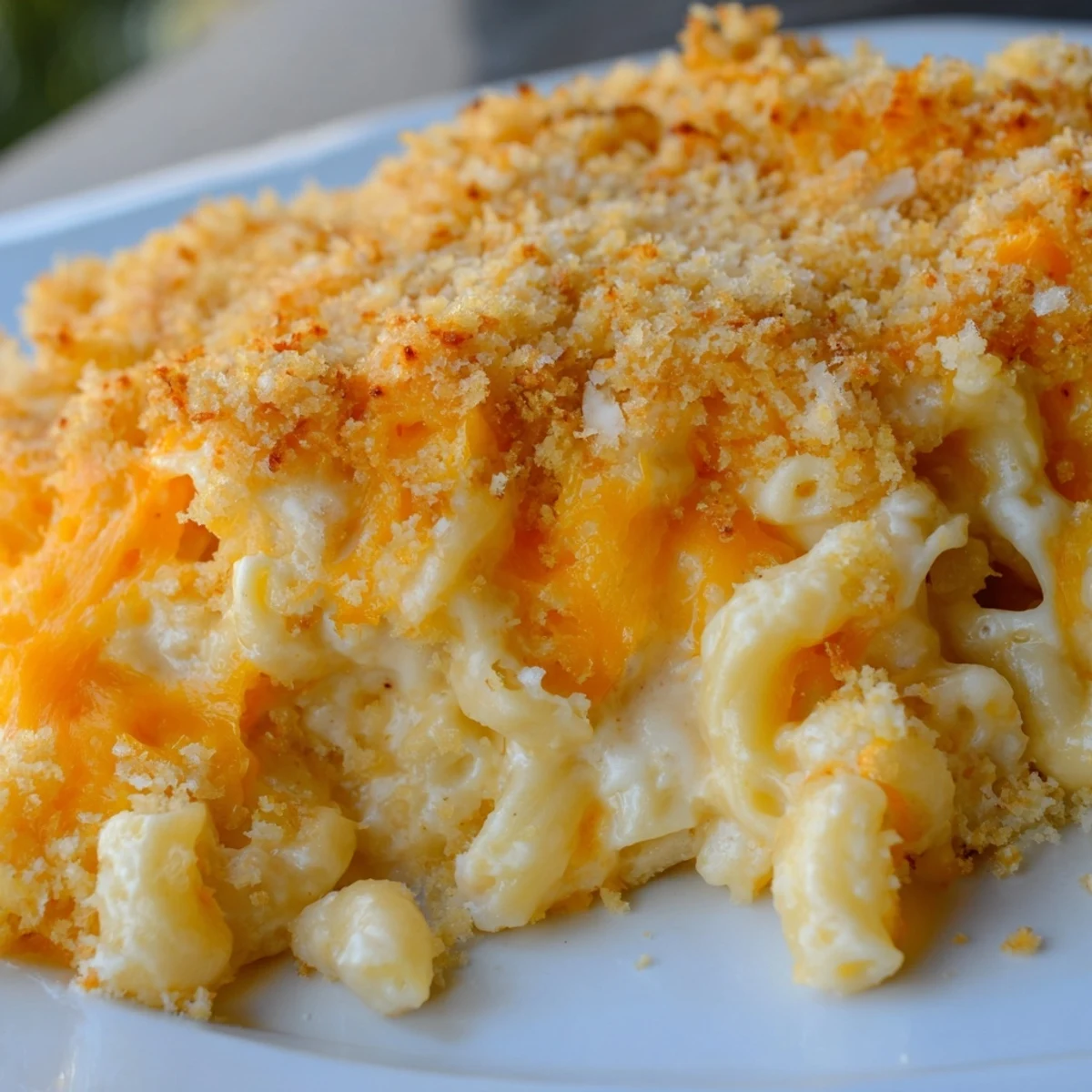 Creamy three cheese baked macaroni served in white bowl with melted cheese stretching