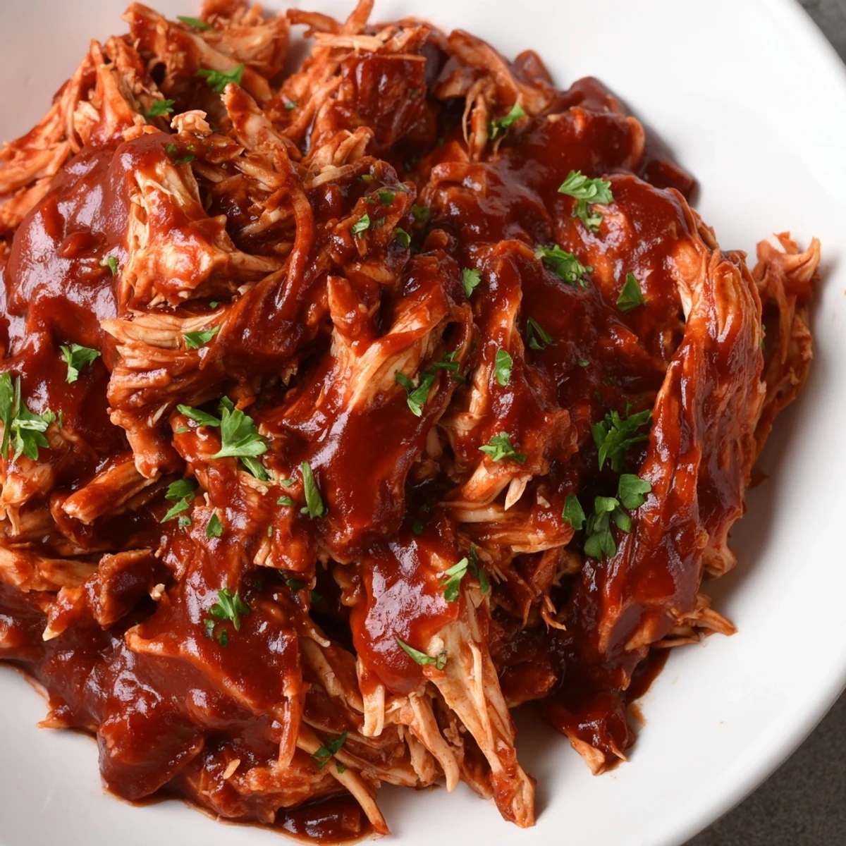 Tender Sweet Baby Ray's Crockpot Chicken glistening with rich, sticky barbecue sauce on a white plate.
