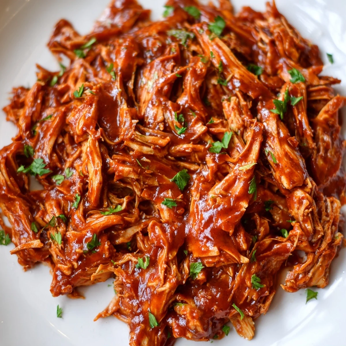 Savory Sweet Baby Ray's Crockpot Chicken shredded and coated in glossy, caramelized BBQ sauce ready to serve.