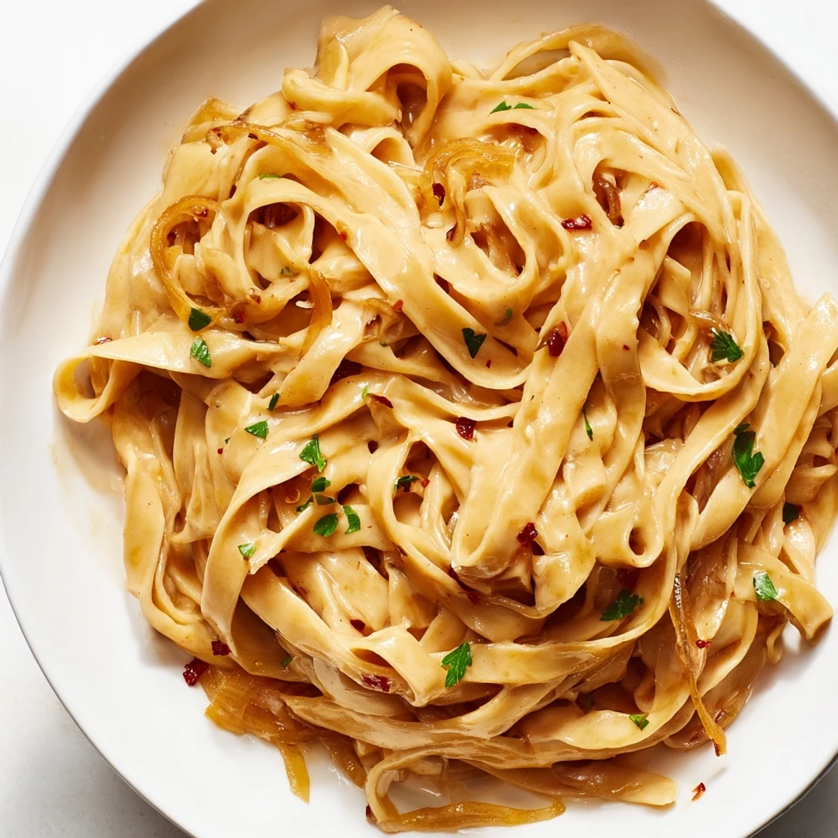 Creamy Sweet Heat Caramelized Onion Fettuccine topped with fresh parsley and Parmesan cheese