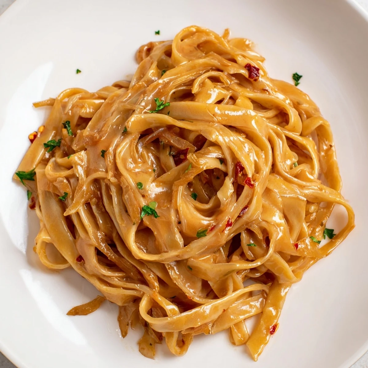 Golden caramelized onions coat Sweet Heat Caramelized Onion Fettuccine in a rich, creamy sauce