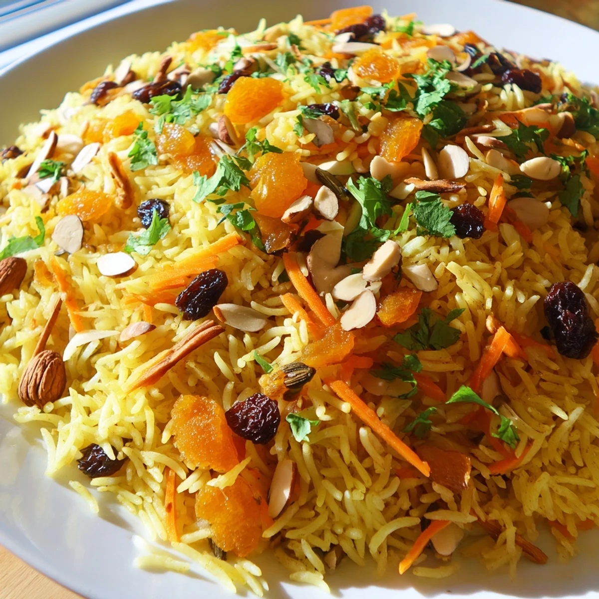 Golden Afghan rice topped with caramelized carrots, plump raisins, and toasted almonds on a white plate.