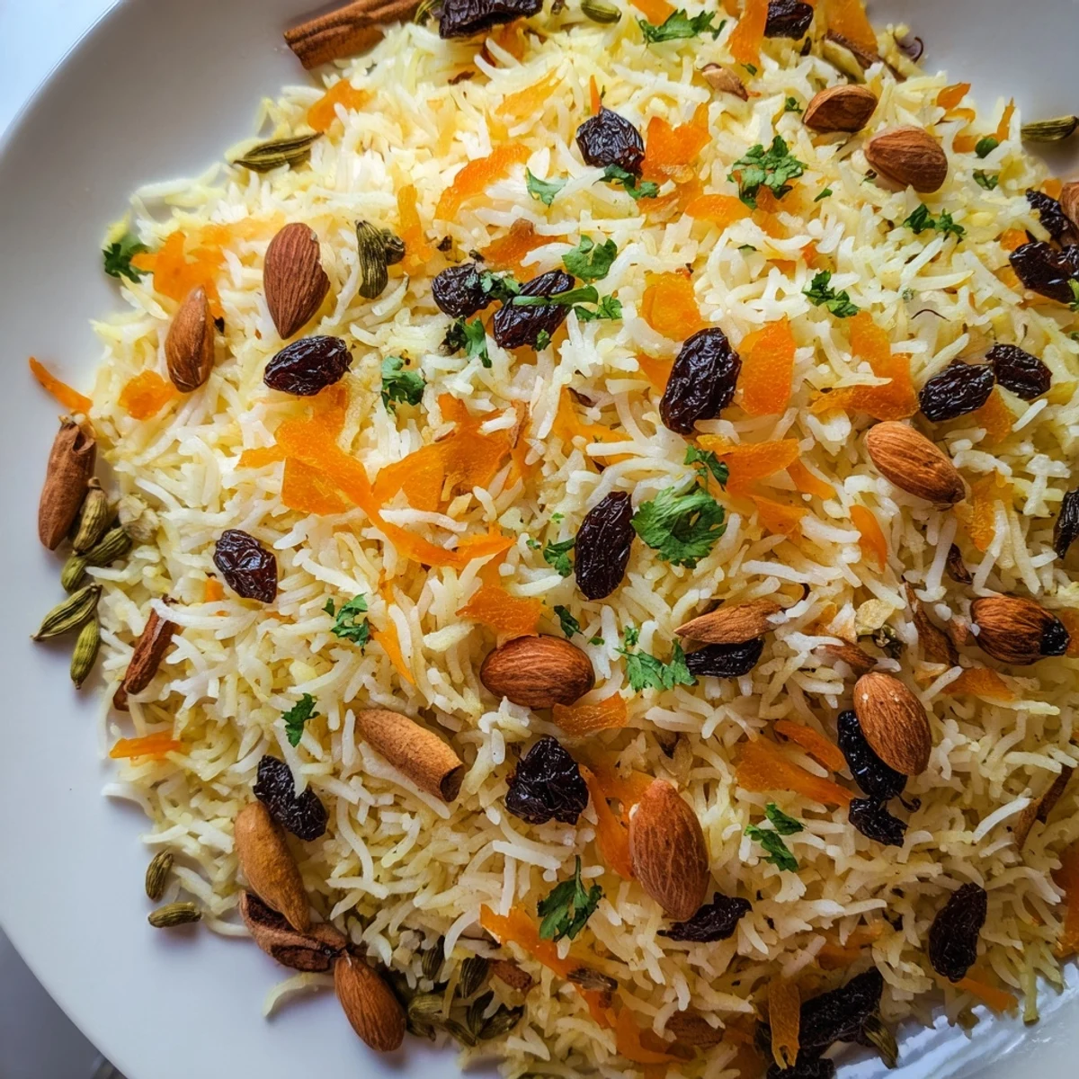 Fragrant Afghan rice steamed with aromatic spices and topped with sautéed carrots and sweet raisins.