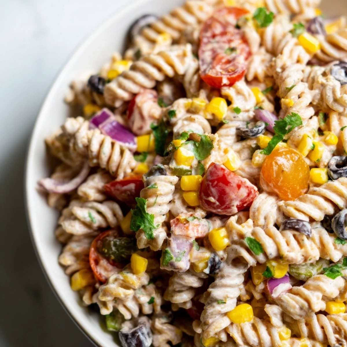 Colorful taco pasta salad in a serving bowl with tomatoes, corn, and creamy dressing topped with shredded cheddar cheese