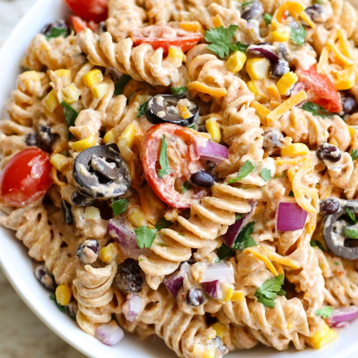 Creamy taco pasta salad loaded with black beans, crisp vegetables, and crunchy tortilla strips in a zesty lime dressing