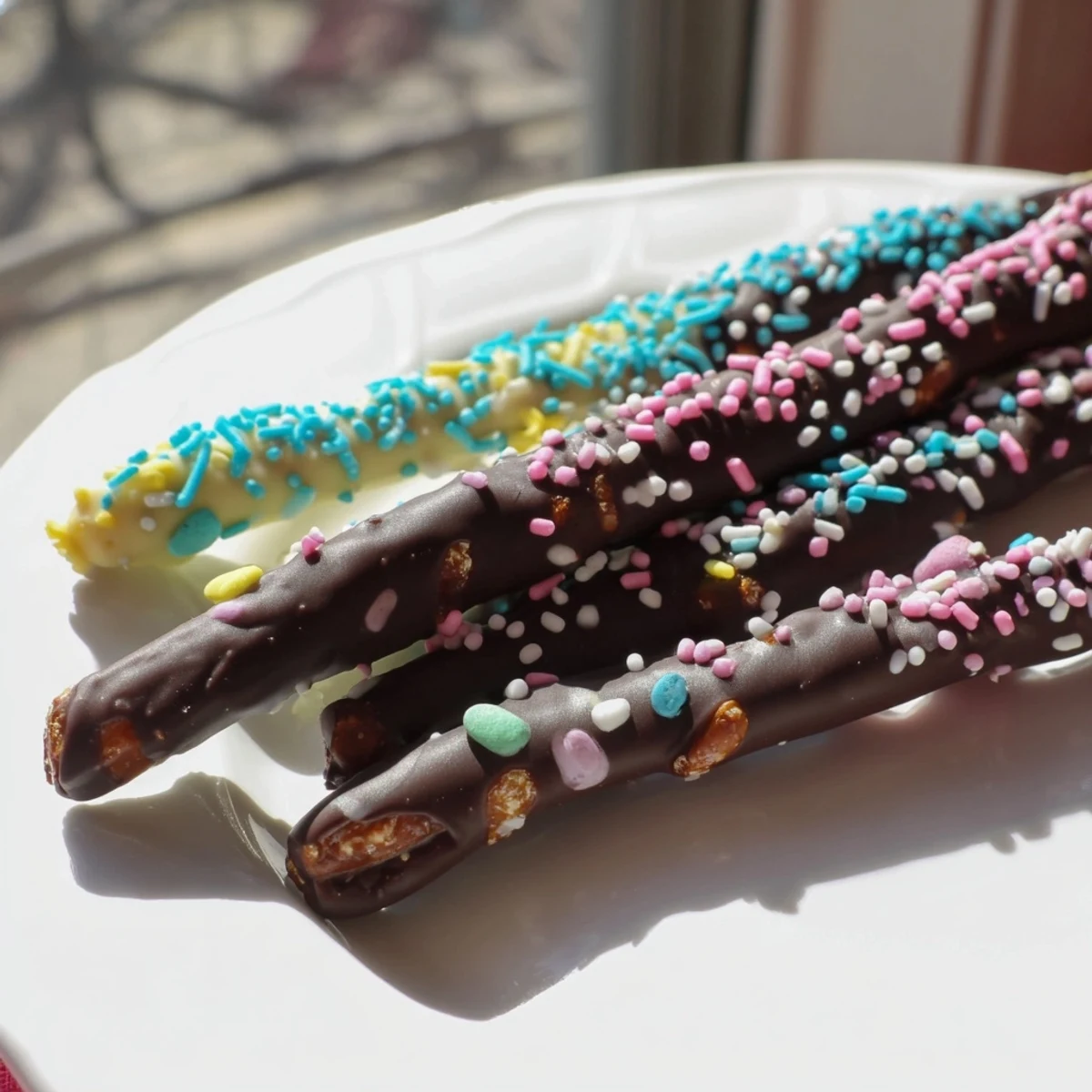 Chocolate covered pretzels for Easter arranged on a white serving platter with pastel sprinkles
