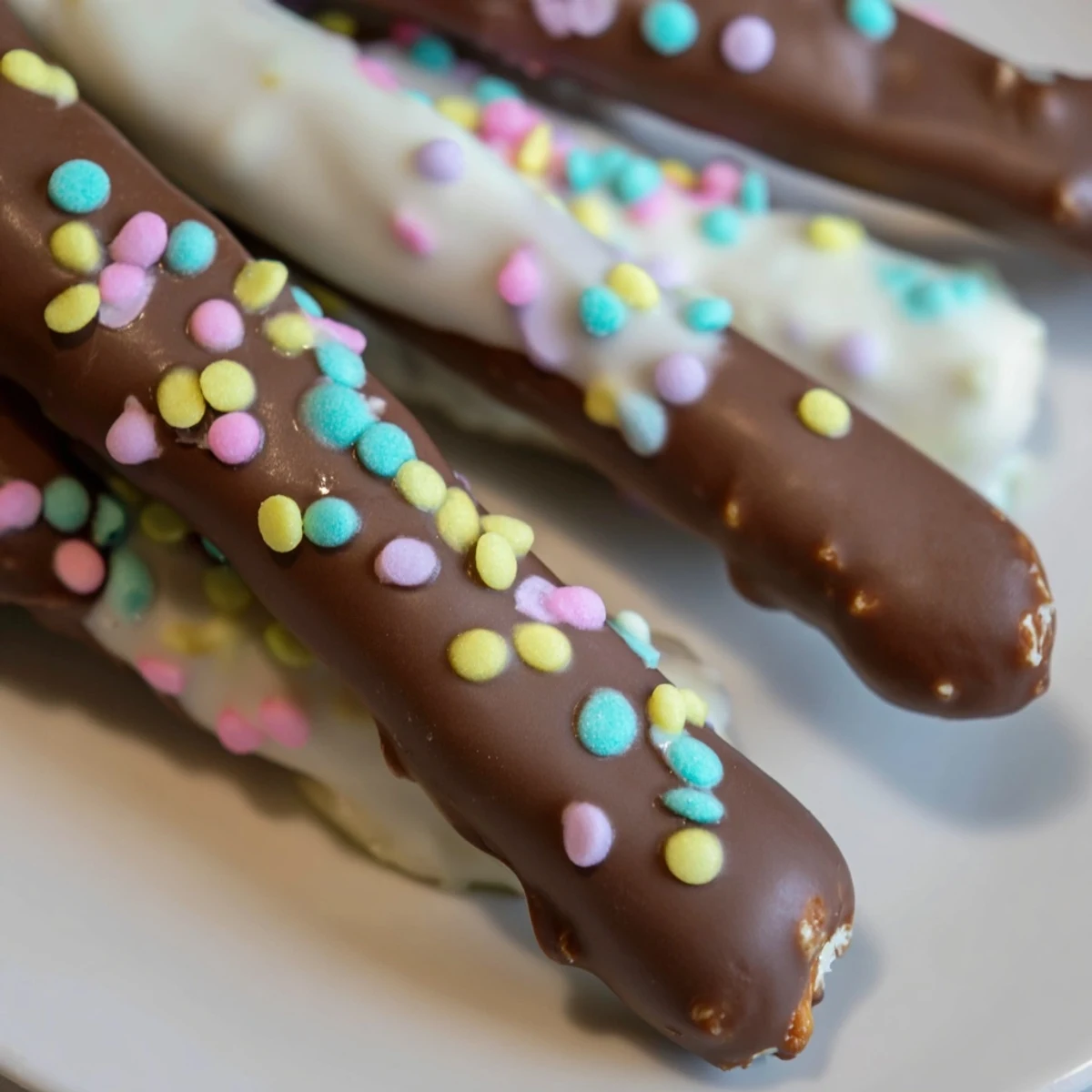 Crunchy chocolate covered pretzels for Easter drizzled with creamy white chocolate and festive candy decorations