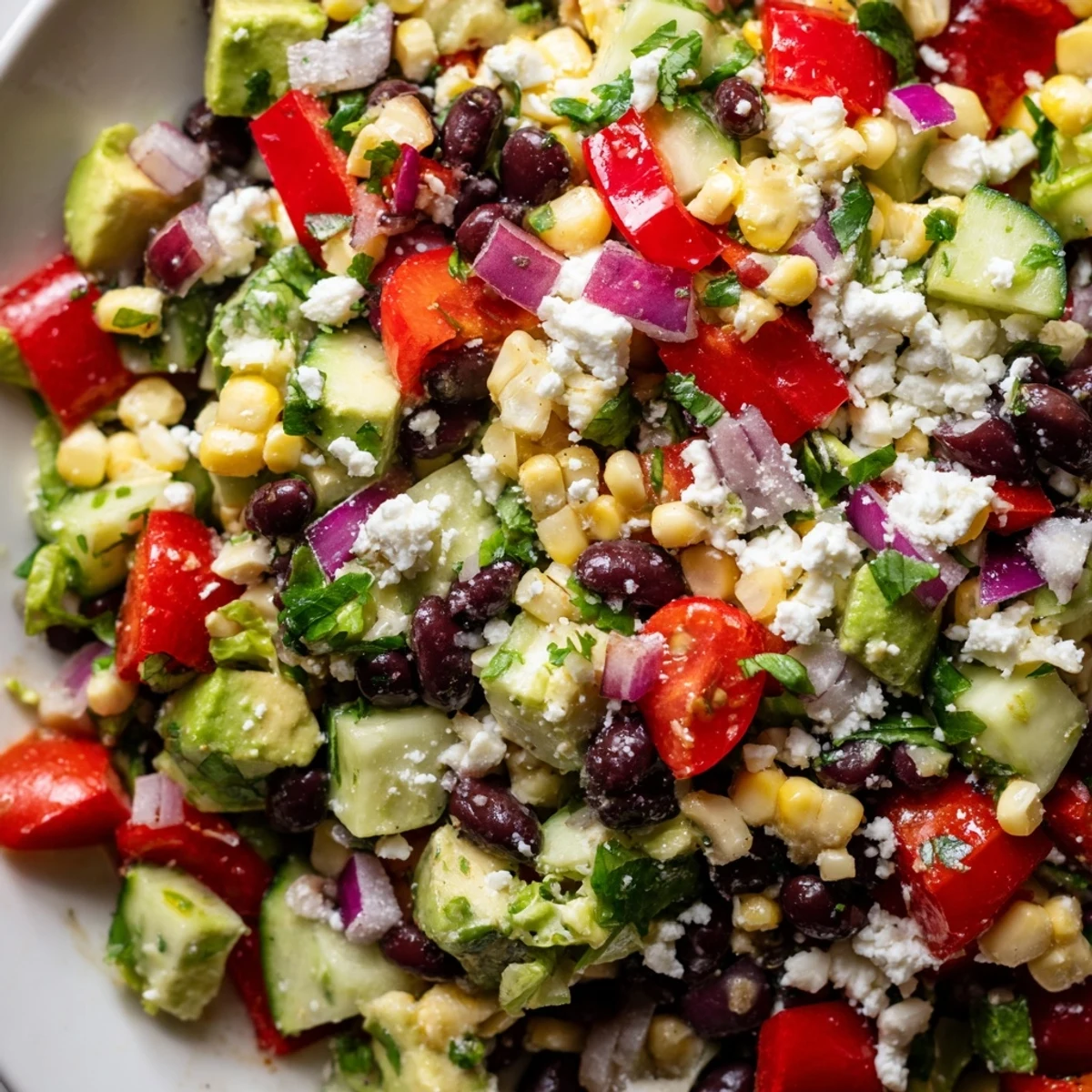 Colorful Mexican chopped salad in a rustic bowl with creamy avocado and crumbled cotija cheese on top