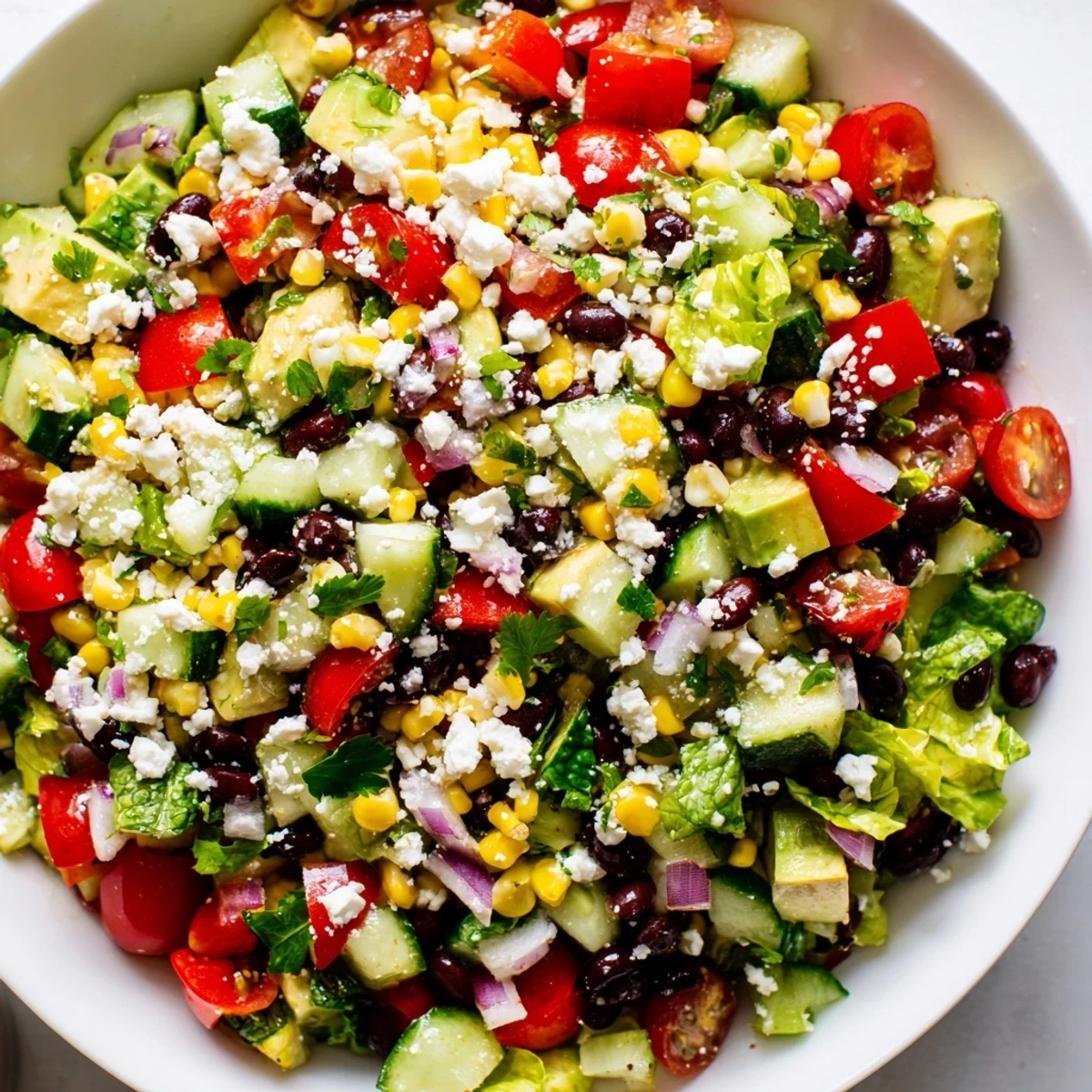 Fresh Mexican chopped salad loaded with black beans, corn, tomatoes, and drizzled with zesty lime-cilantro dressing