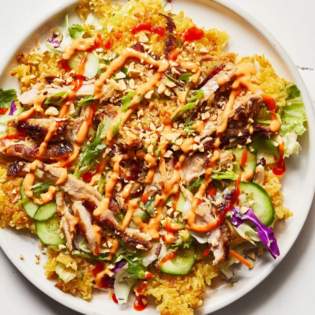 Crispy golden rice crowns this colorful Bang Bang Chicken Salad with spicy creamy dressing