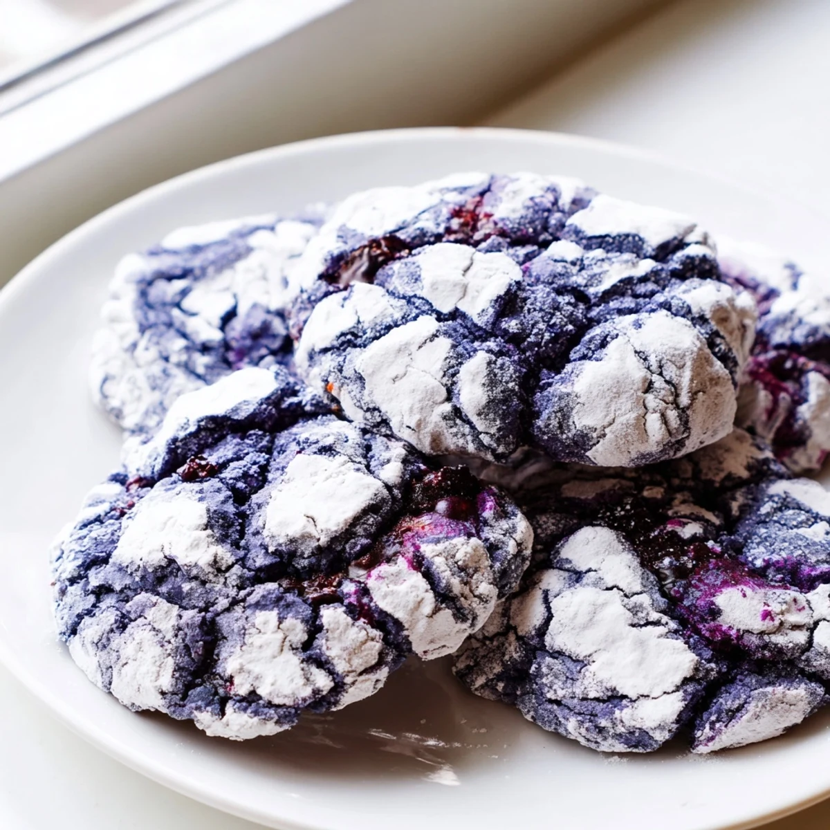Soft blueberry crinkle cookies with powdered sugar coating on rustic wooden board