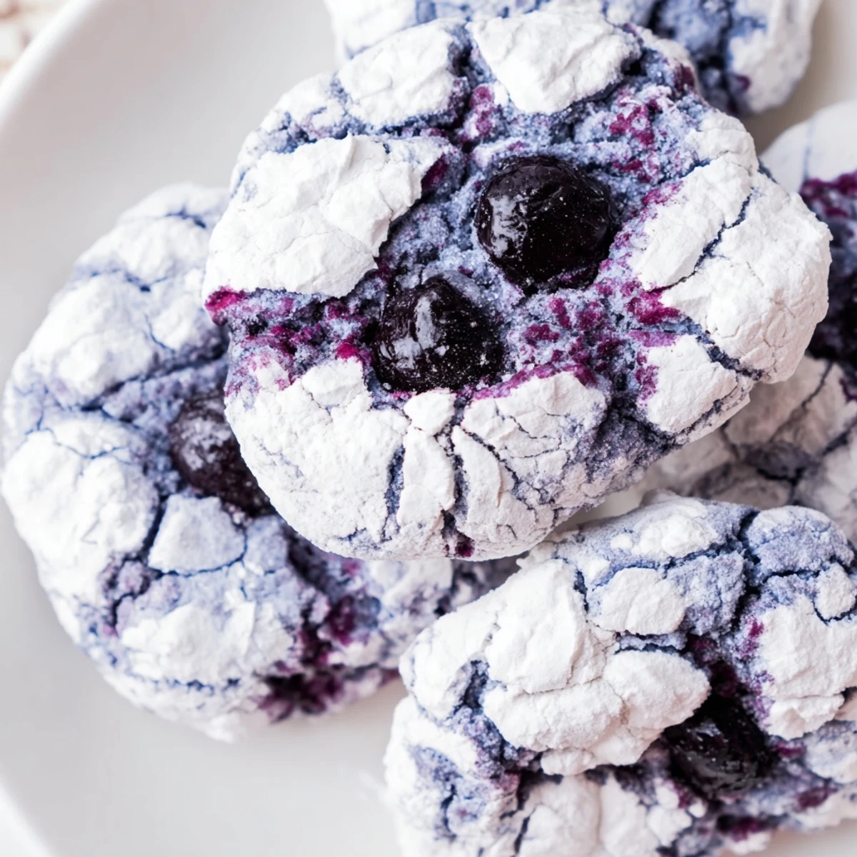 Chewy blueberry crinkle cookies showing gorgeous crackled tops dusted with white sugar